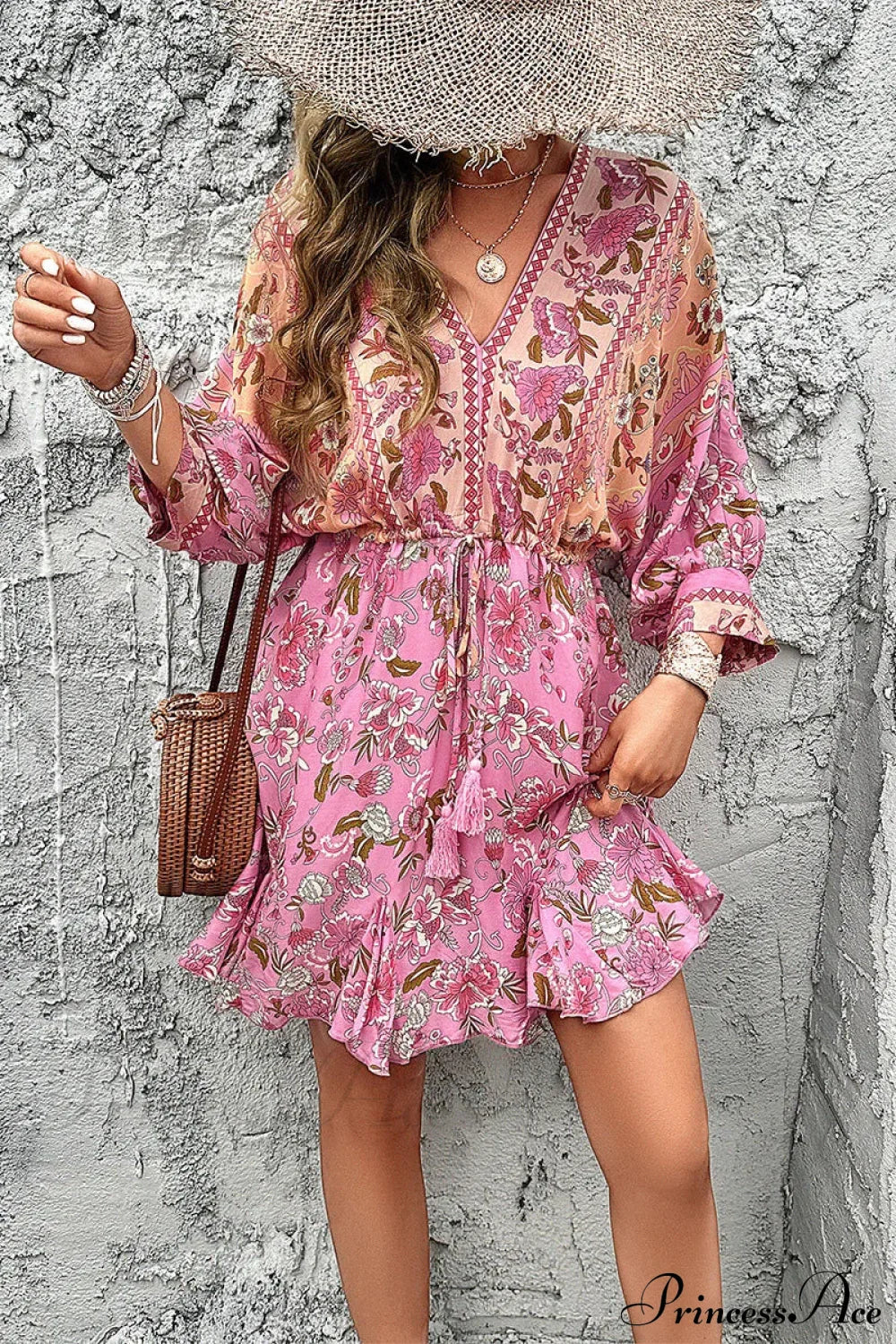 Deep V Neck Mini Cotton Boho Dress