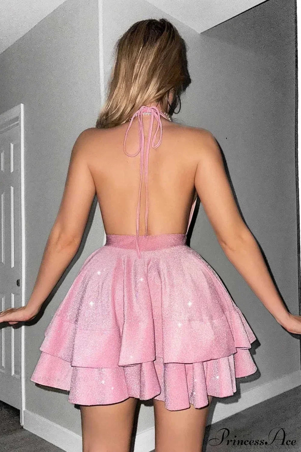 Glitter Halter Neck V-Neck Tiered Fit & Flare Mini Dress 3