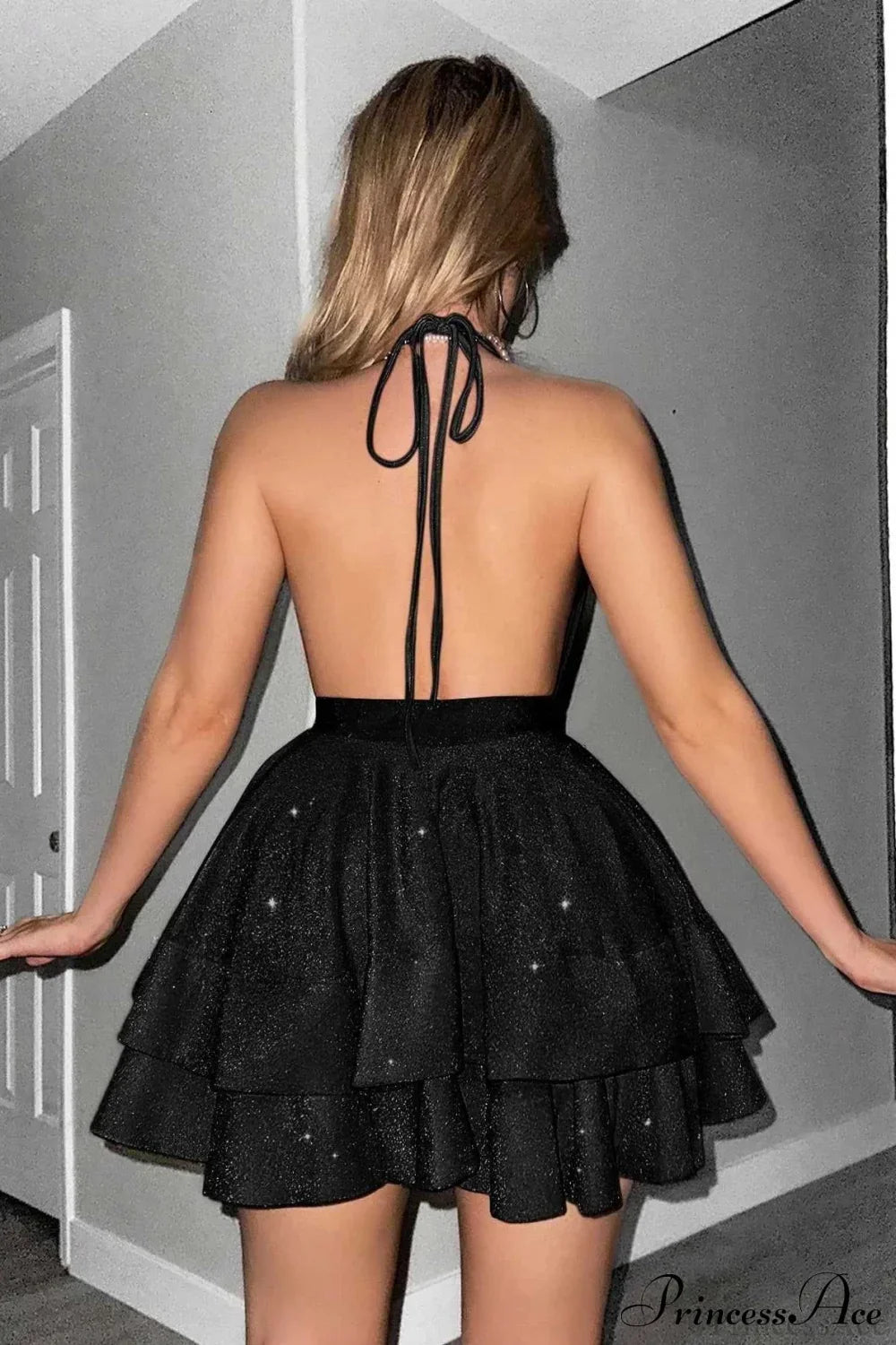 Glitter Halter Neck V-Neck Tiered Fit & Flare Mini Dress 5