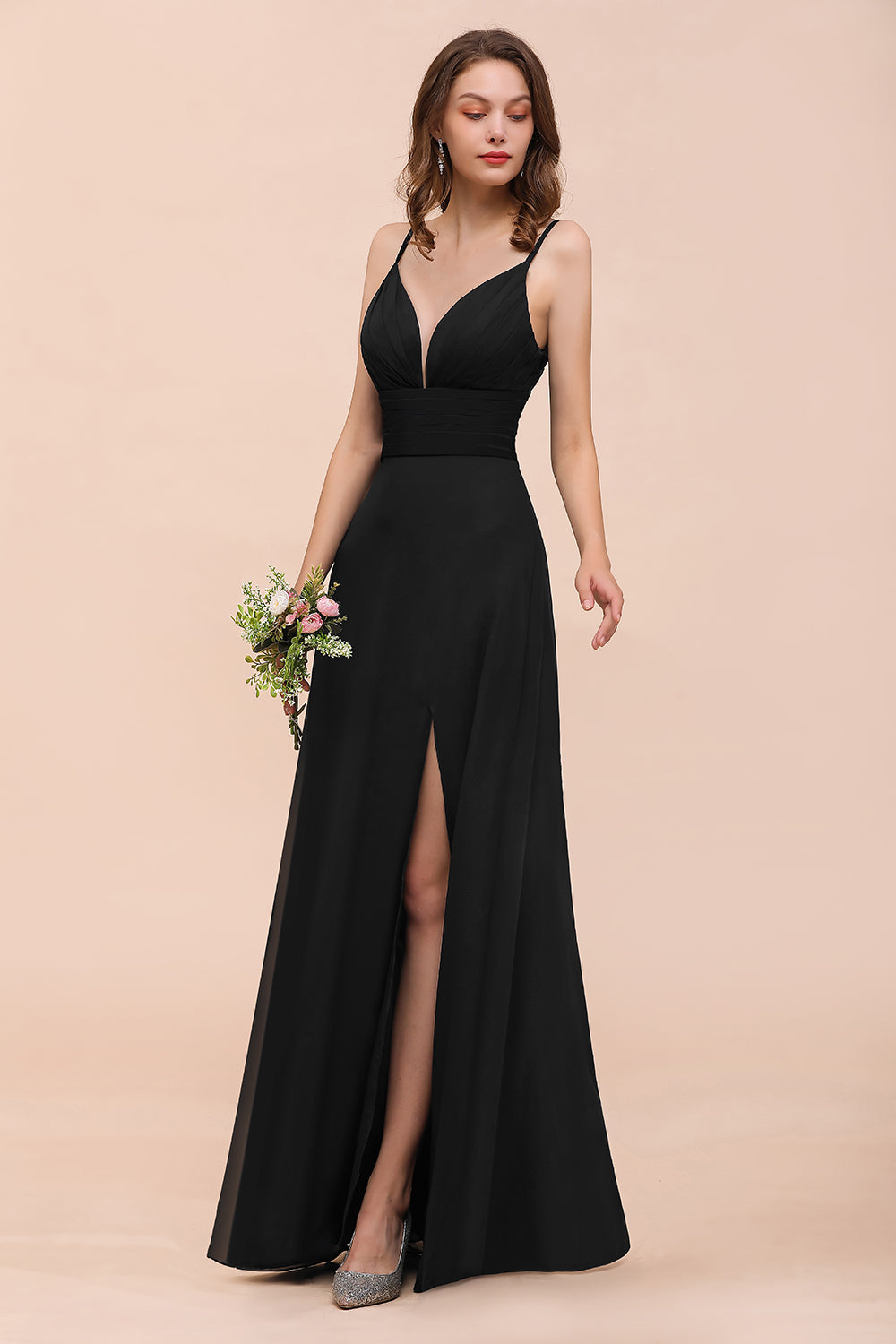 Deep V Neck Spaghetti Straps Slit Long Black Bridesmaid Dresses - Fashionpara