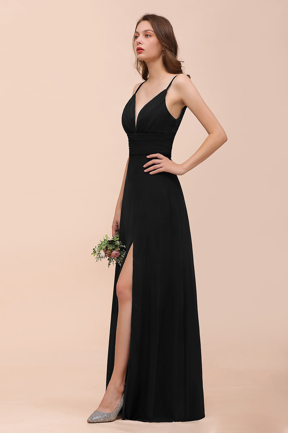 Deep V Neck Spaghetti Straps Slit Long Black Bridesmaid Dresses - Fashionpara