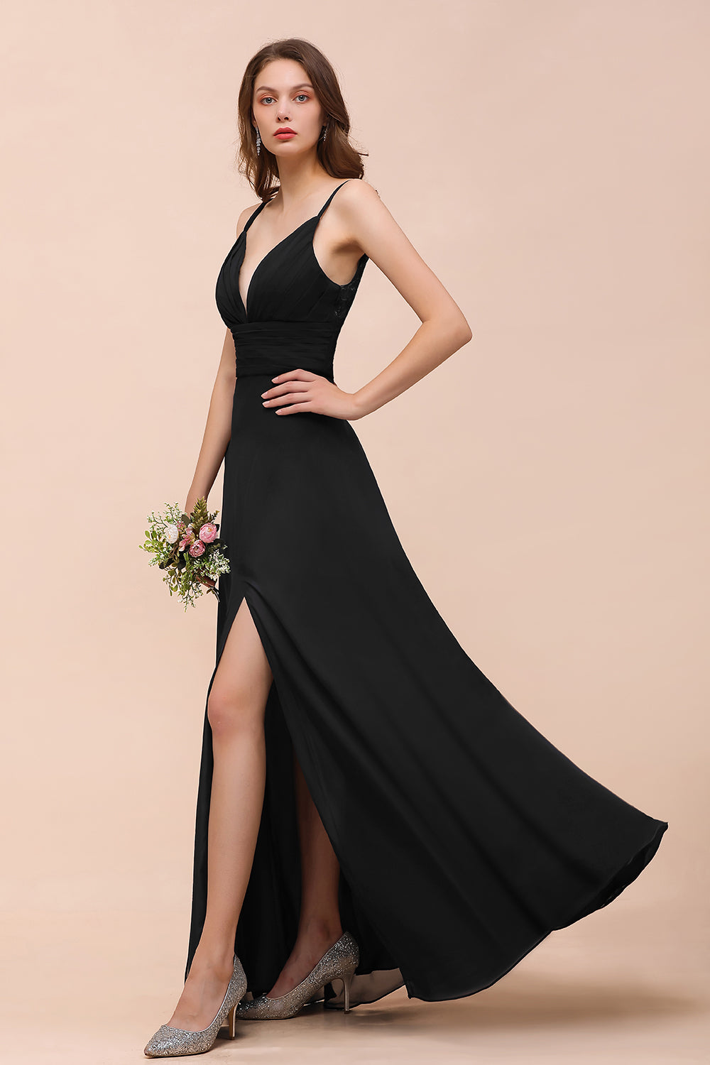 Deep V Neck Spaghetti Straps Slit Long Black Bridesmaid Dresses - Fashionpara