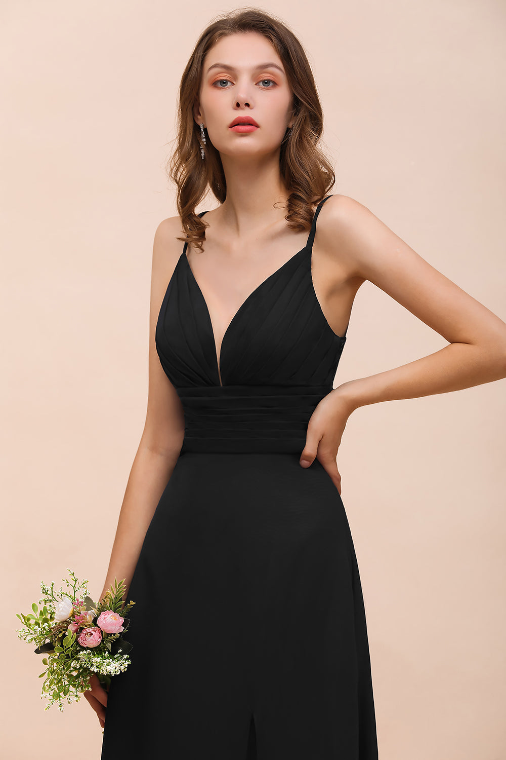 Deep V Neck Spaghetti Straps Slit Long Black Bridesmaid Dresses - Fashionpara
