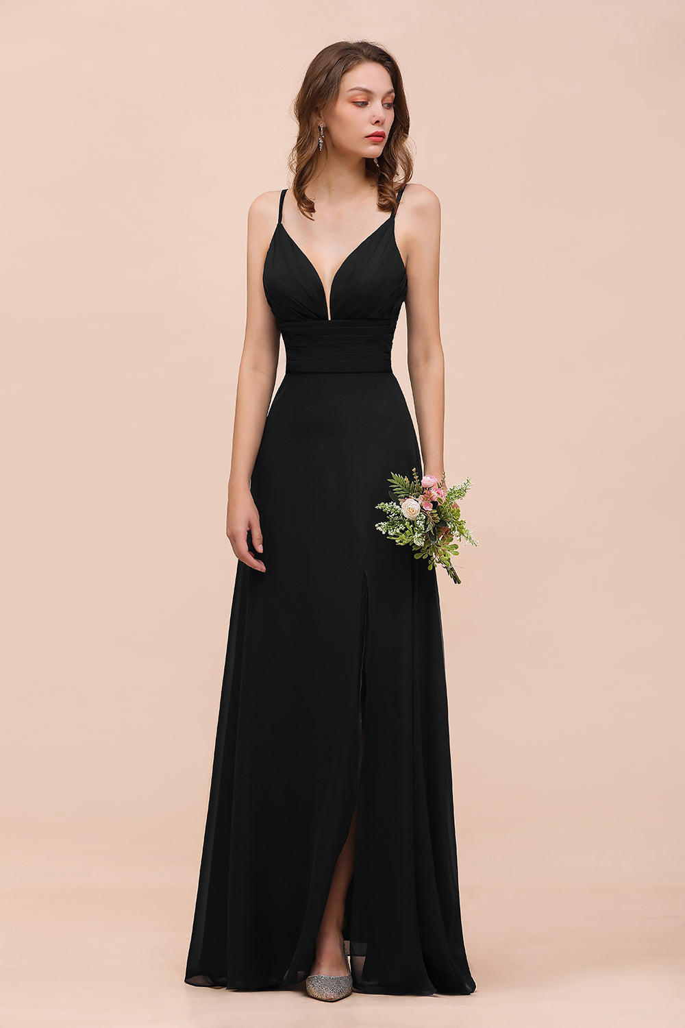 Deep V Neck Spaghetti Straps Slit Long Black Bridesmaid Dresses - Fashionpara