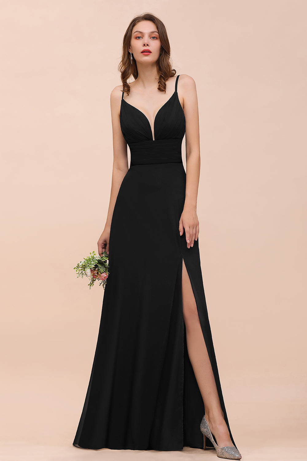 Deep V Neck Spaghetti Straps Slit Long Black Bridesmaid Dresses - Fashionpara