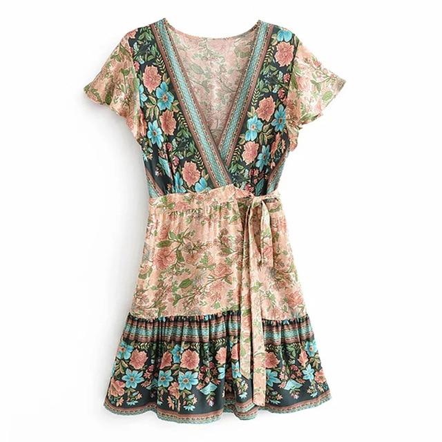 Boho Floral V-Neck Flutter Sleeve Wrap Mini Dress 8