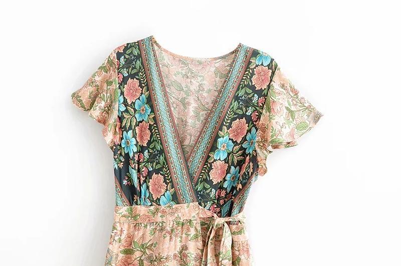 Boho Floral V-Neck Flutter Sleeve Wrap Mini Dress 9