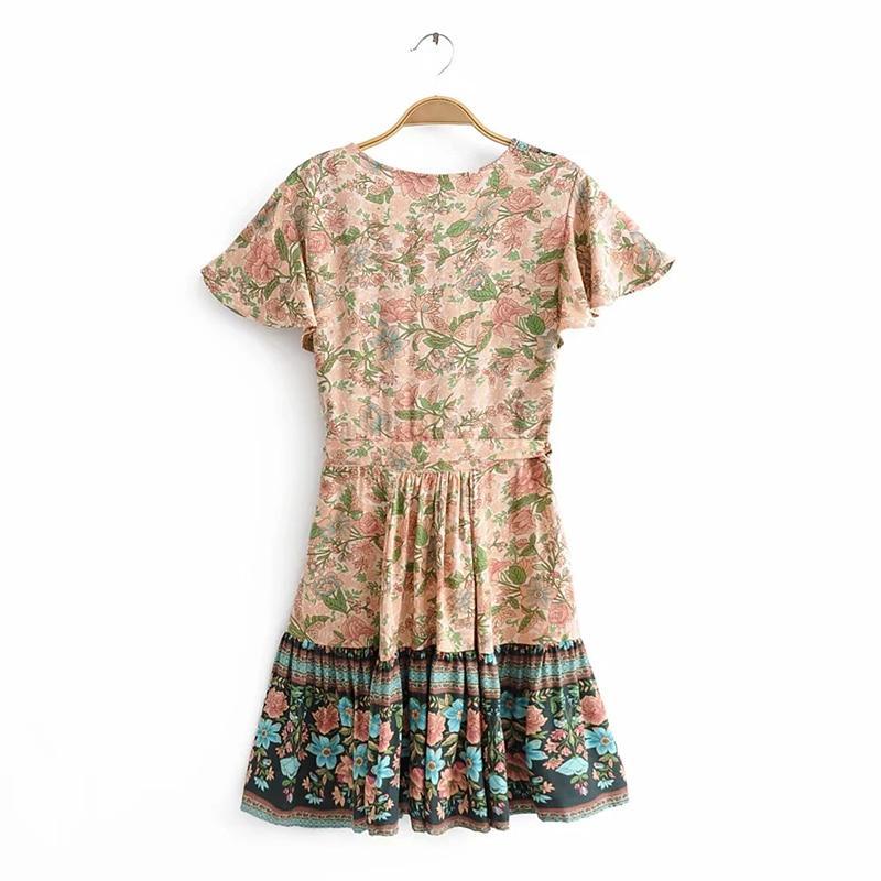 Boho Floral V-Neck Flutter Sleeve Wrap Mini Dress 11