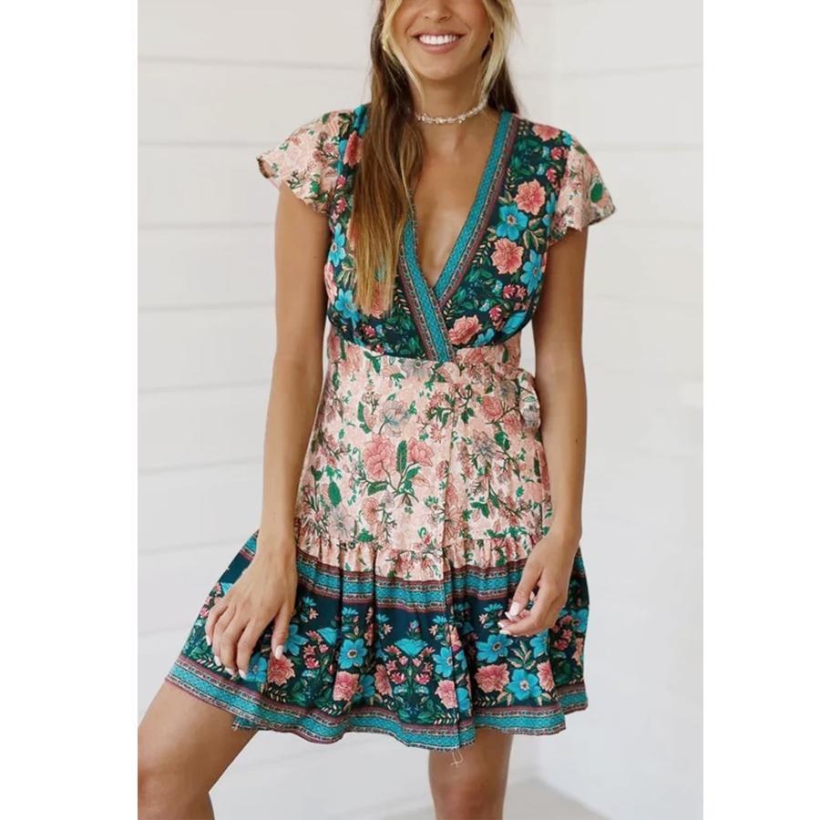 Boho Floral V-Neck Flutter Sleeve Wrap Mini Dress 6