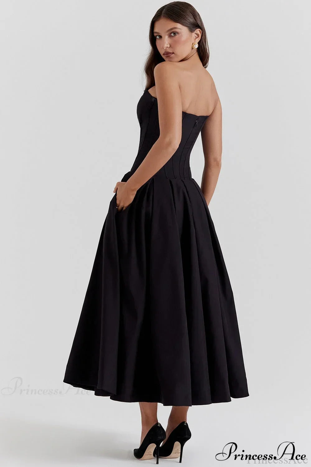 Satin Strapless Corset Fit & Flare Midi Dress