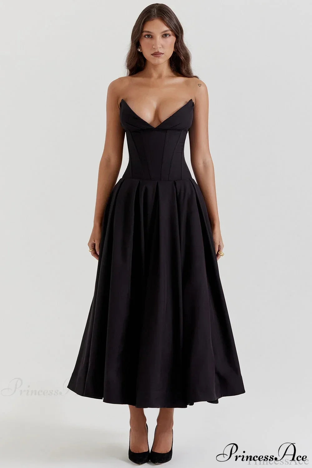Satin Strapless Corset Fit & Flare Midi Dress