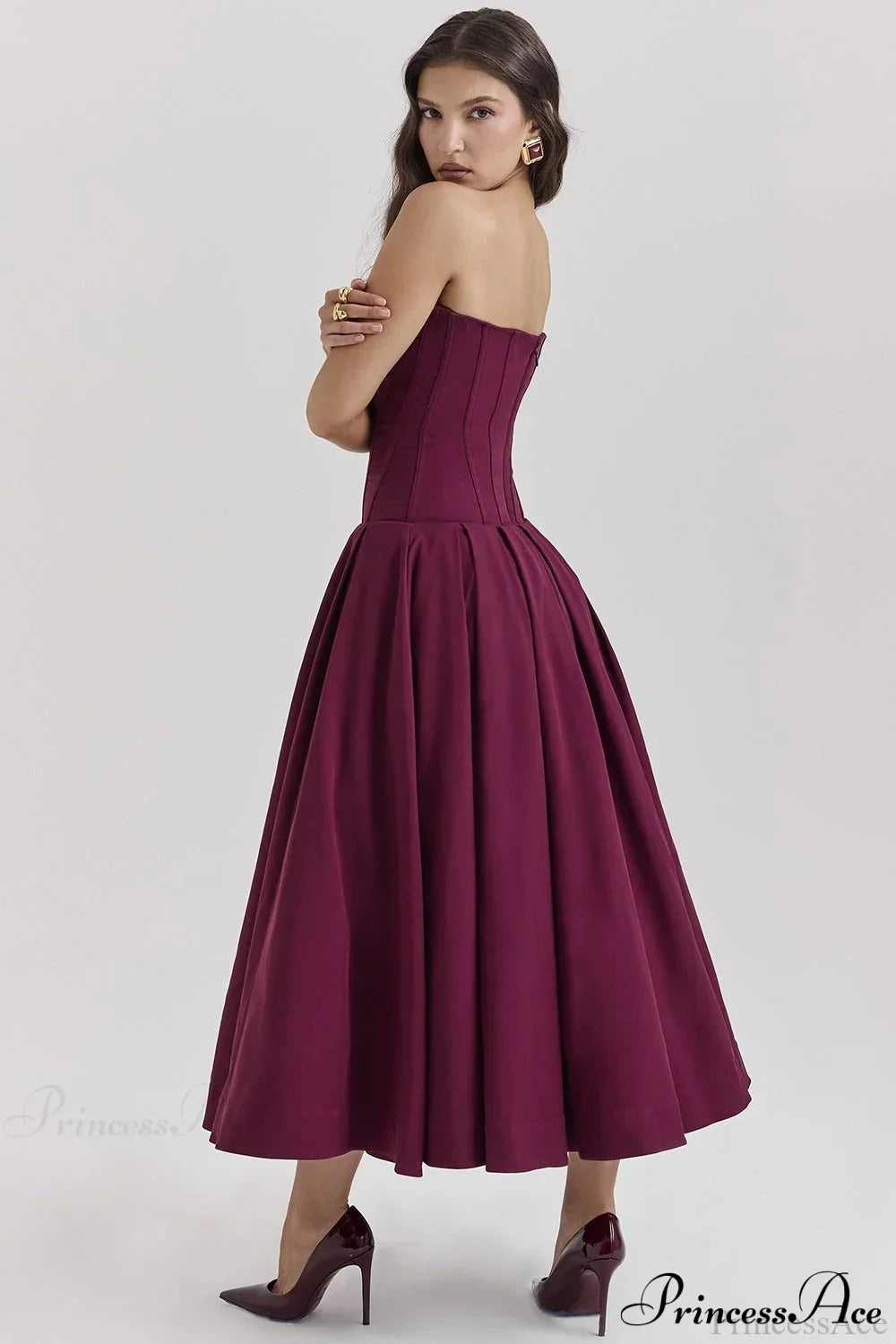 Satin Strapless Corset Fit & Flare Midi Dress