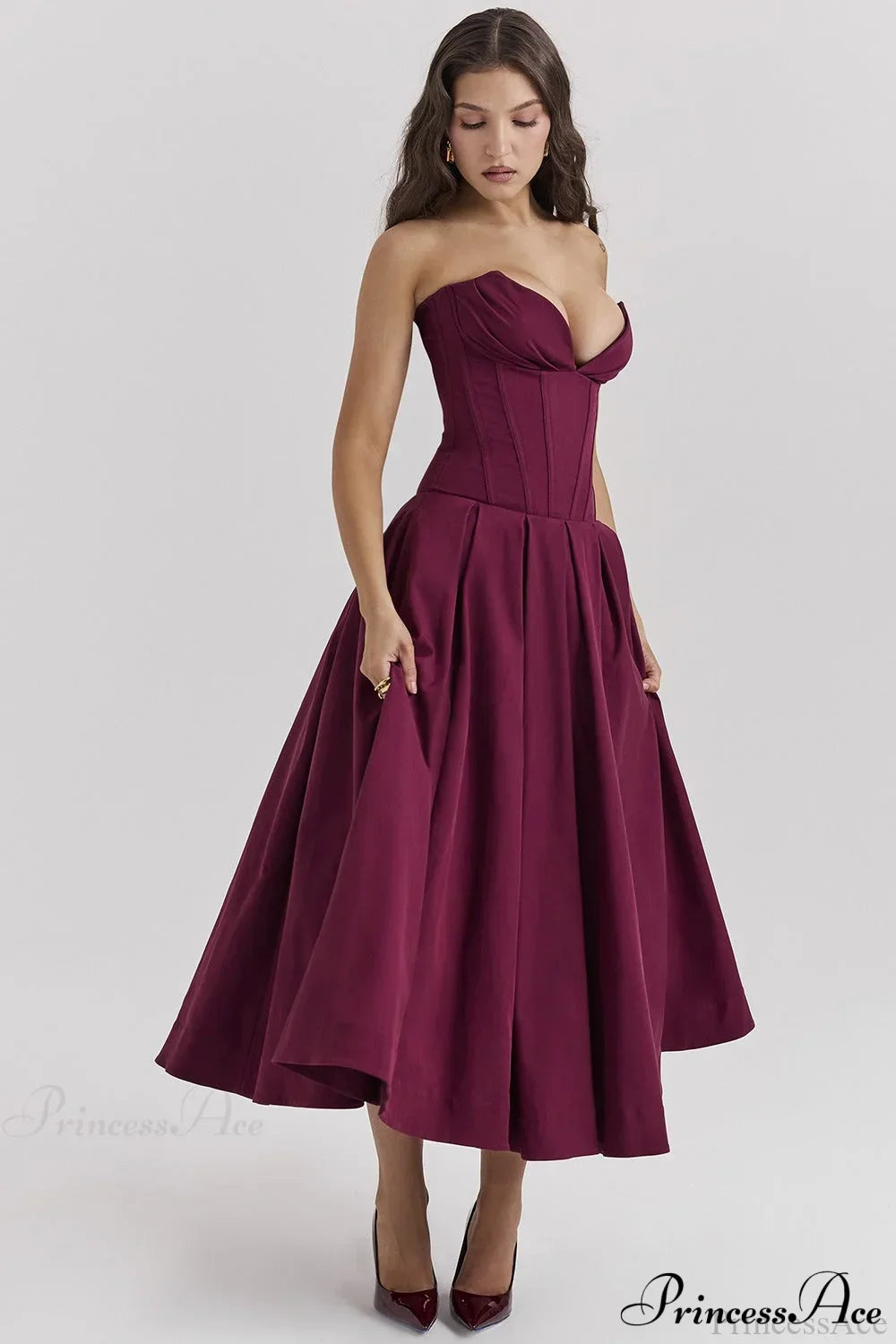 Satin Strapless Corset Fit & Flare Midi Dress