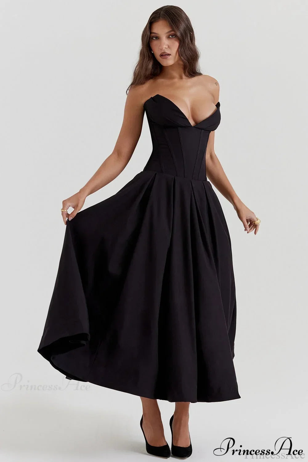 Satin Strapless Corset Fit & Flare Midi Dress