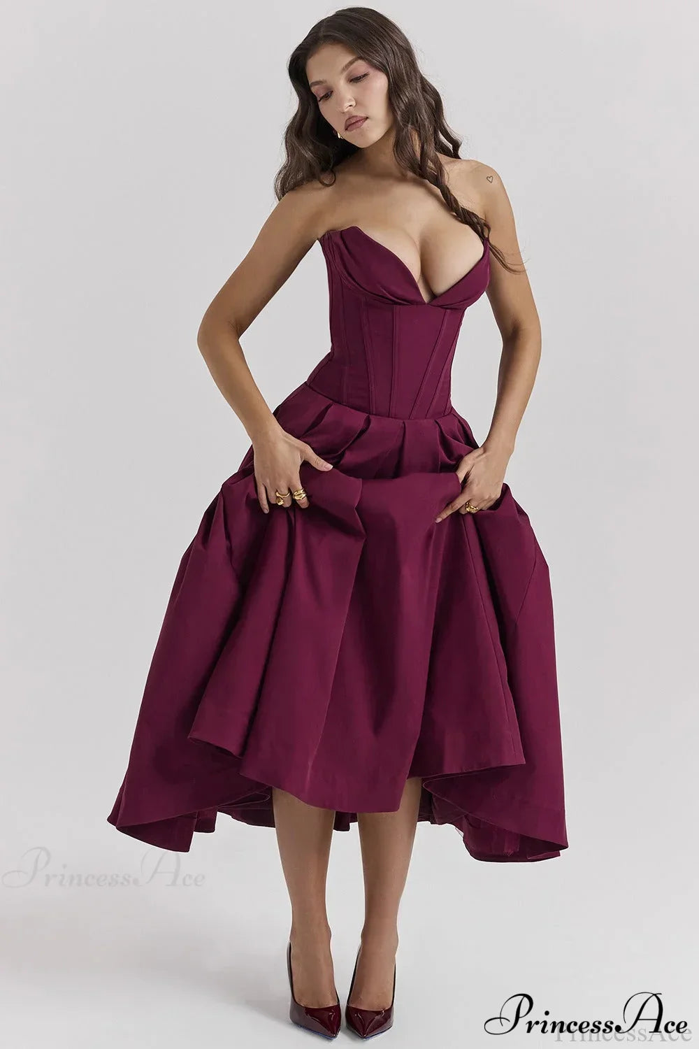 Satin Strapless Corset Fit & Flare Midi Dress