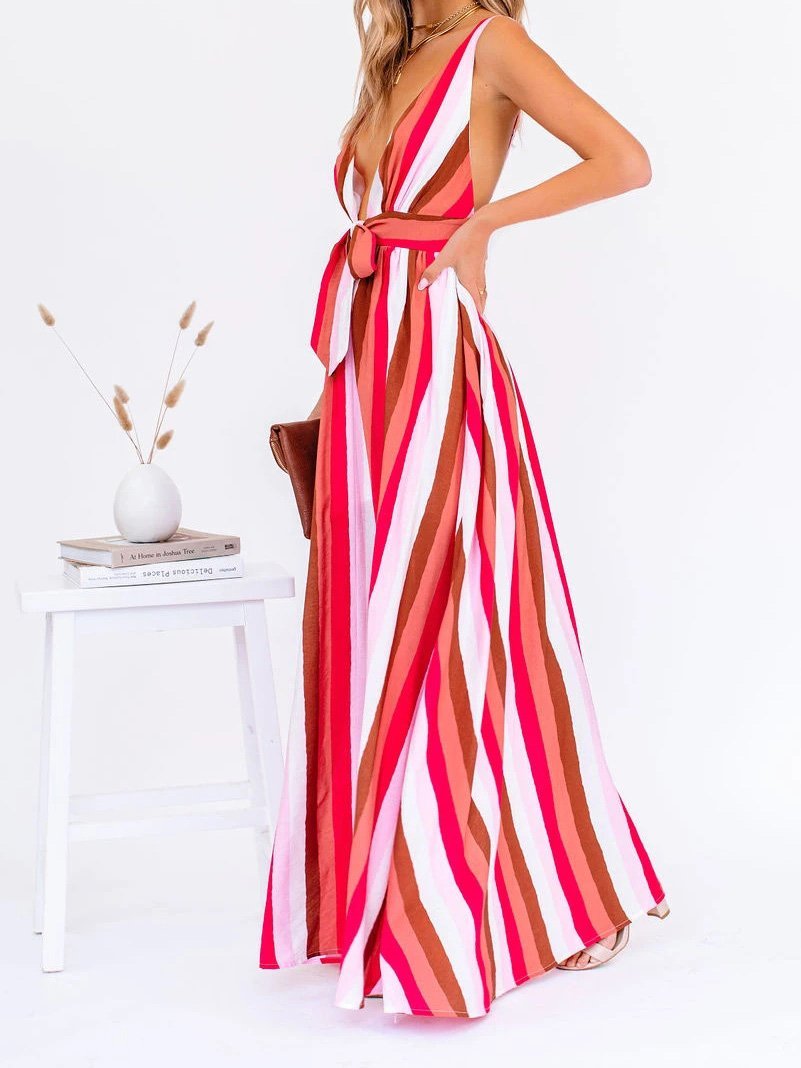 Striped Plunge Sleeveless Wide-Leg Jumpsuit