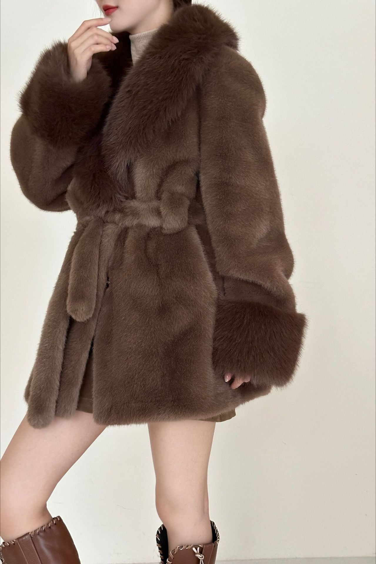 Faux Animal Fur Suede Mid-Length Notch Collar Tie Waist Coat