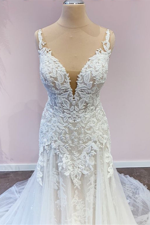 Delicate Lace Wedding Dress Straps Sleeveless Mermaid Bridal Gowns - Fashionpara