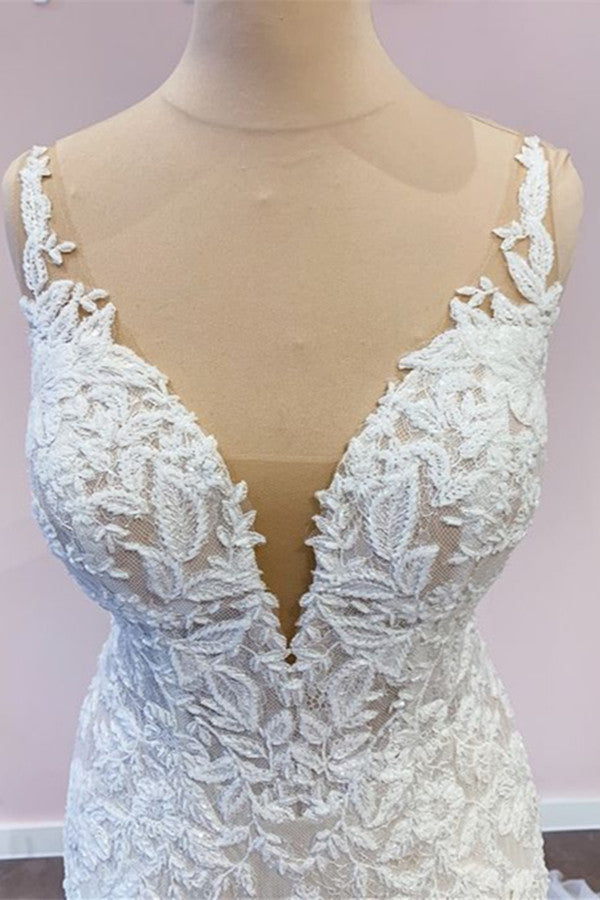 Delicate Lace Wedding Dress Straps Sleeveless Mermaid Bridal Gowns - Fashionpara