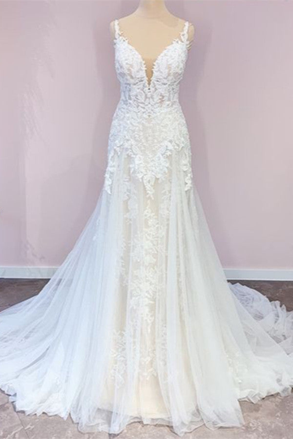 Delicate Lace Wedding Dress Straps Sleeveless Mermaid Bridal Gowns - Fashionpara