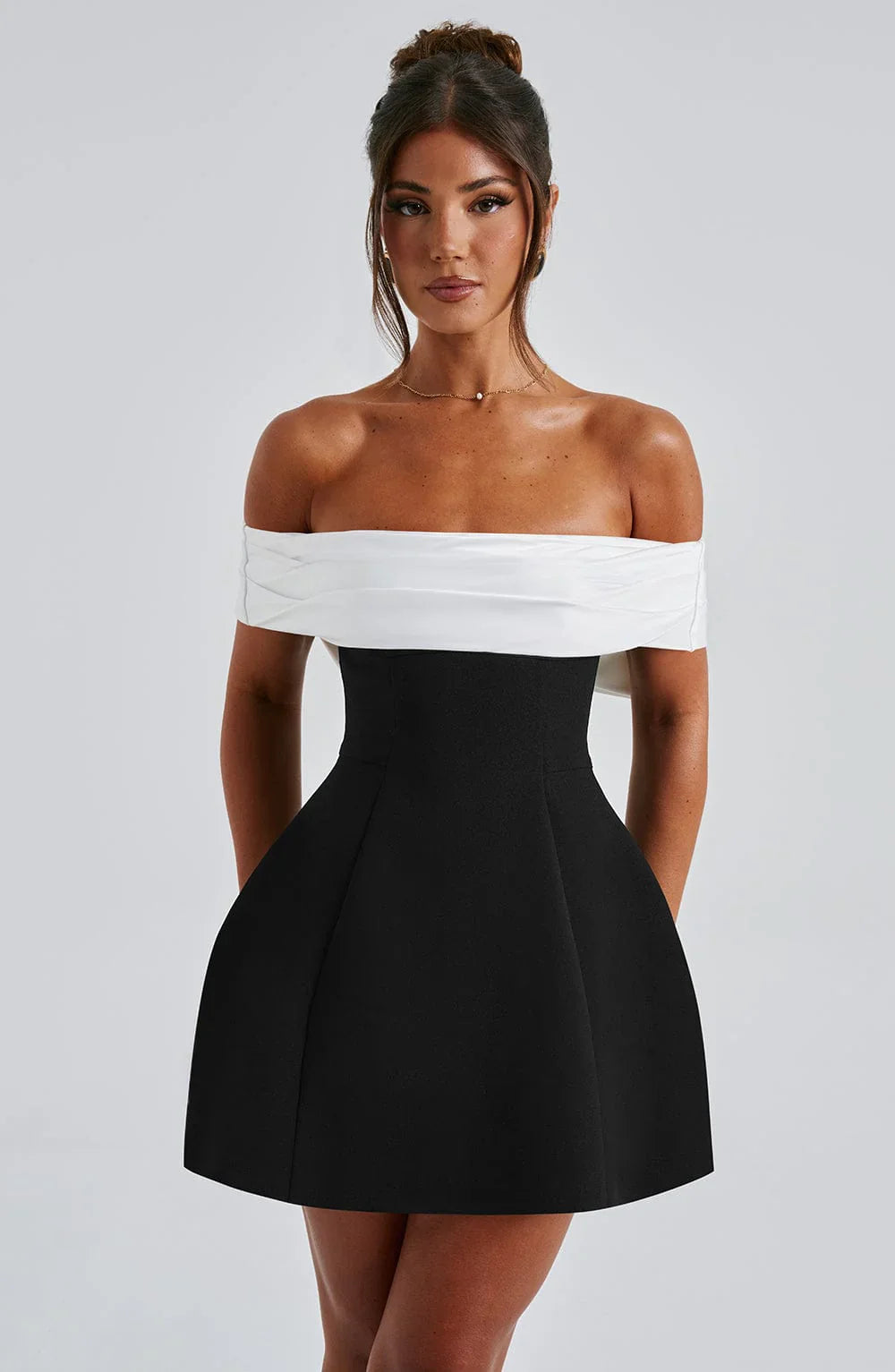 Off-Shoulder Pleated Fit-and-Flare Mini Dress