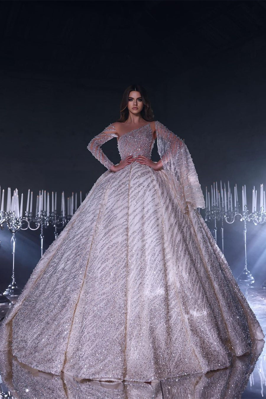 Opulent Floor-Length One-Shoulder A-Line Sequined Wedding Dress with Ruffled Embellishments - Fashionpara