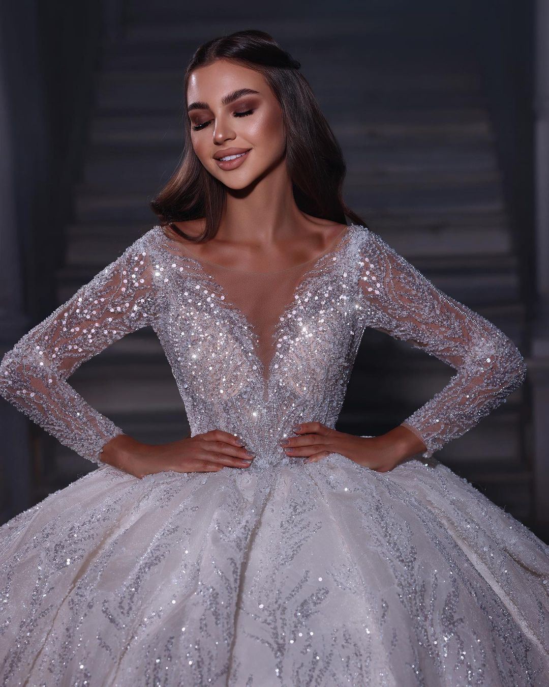 Luxurious Floor-Length Sweetheart Long Sleeve A-Line Sequined Wedding Gown with Ruffle Accents - Fashionpara