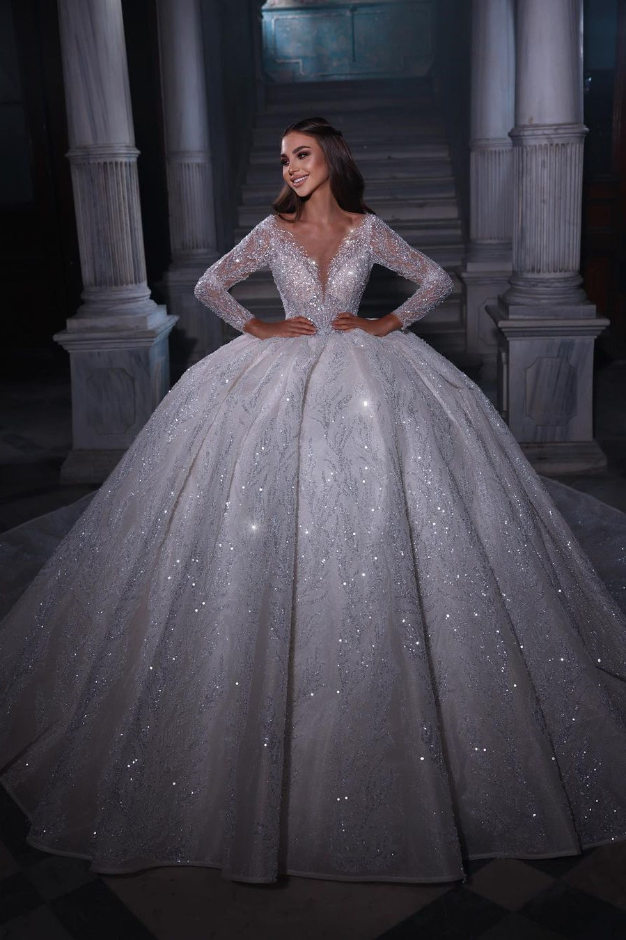 Luxurious Floor-Length Sweetheart Long Sleeve A-Line Sequined Wedding Gown with Ruffle Accents - Fashionpara
