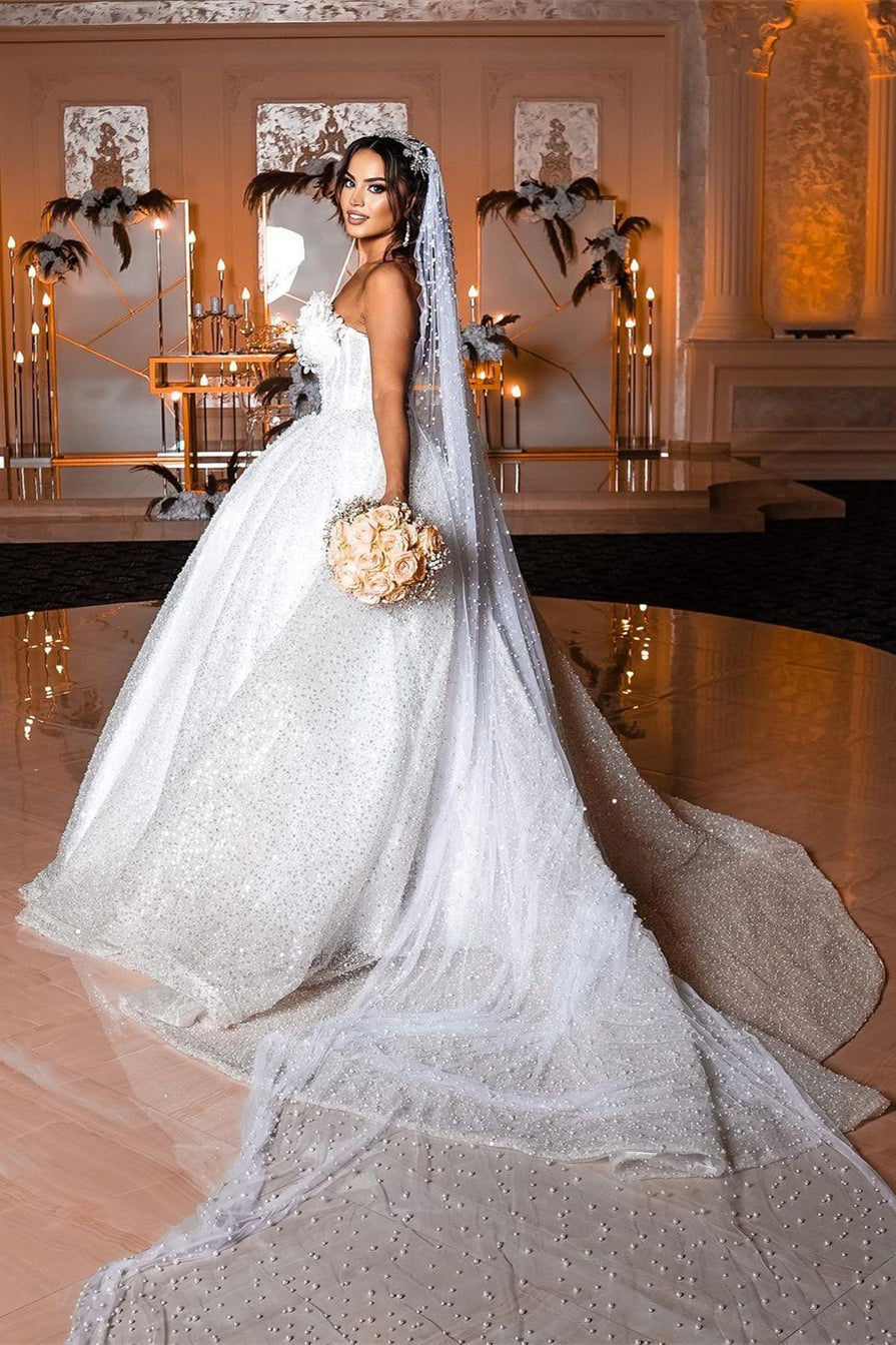 Deluxe Floor-Length Sweetheart Sleeveless A-Line Sequined Wedding Dress Featuring Beads - Fashionpara