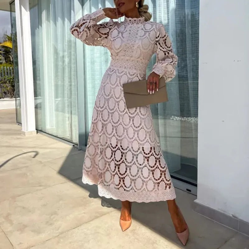 Lace Mock Neck Puff Sleeve Structured Waistband A-Line Midi Dress - View 8