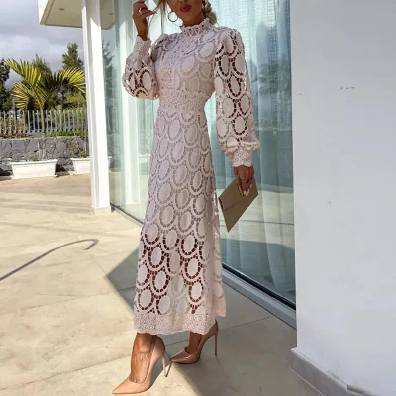 Lace Mock Neck Puff Sleeve Structured Waistband A-Line Midi Dress - View 10