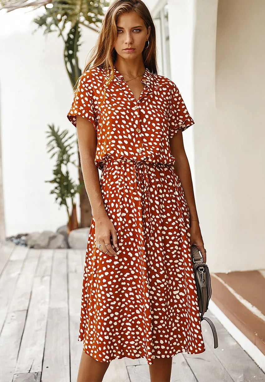 Leopard Print Collared Button Down Short Sleeve Midi Dress - View 5