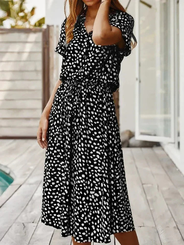 Leopard Print Collared Button Down Short Sleeve Midi Dress - View 9