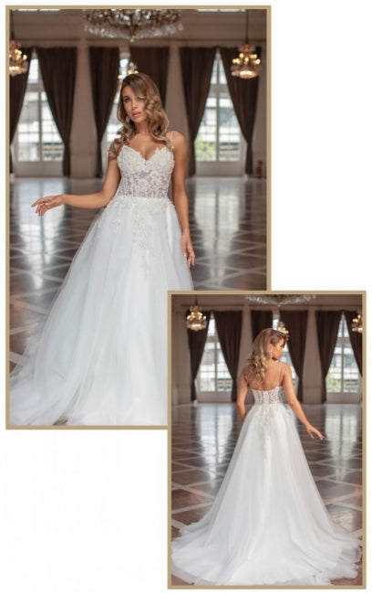 Designer Elegant A-line V-neck Tulle Sleeveless Bridal Gown With Delicate Lace - Fashionpara