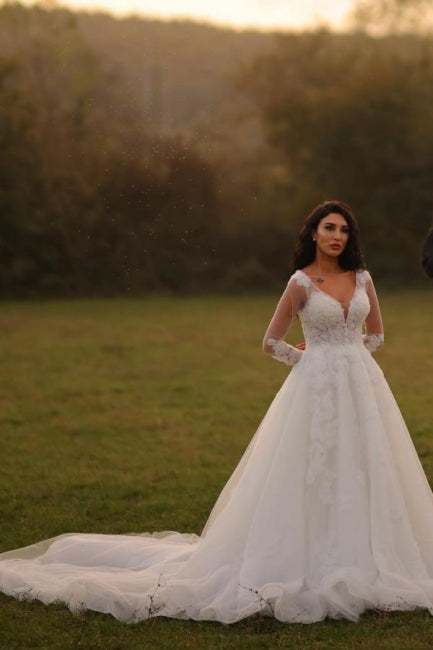 Designer Long A-line V-neck White Lacy Wedding Gown with Elegant Long Sleeves - Fashionpara