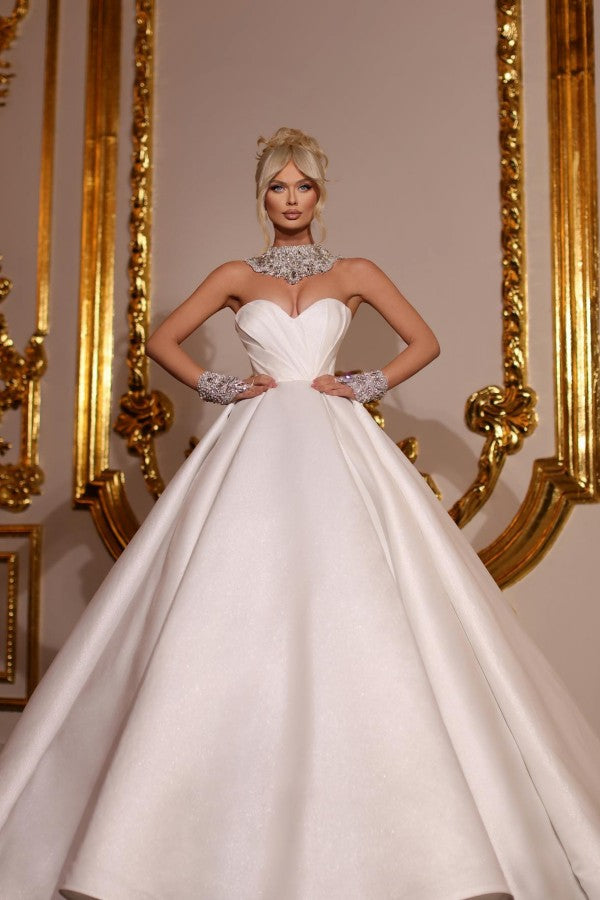 Designer Princess Long A-Line Satin Glitter Sleeveless Wedding Gown - Fashionpara