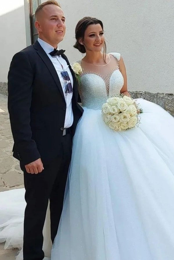 Designer Princess Long A-Line Sequined Sleeveless Wedding Gown - Fashionpara
