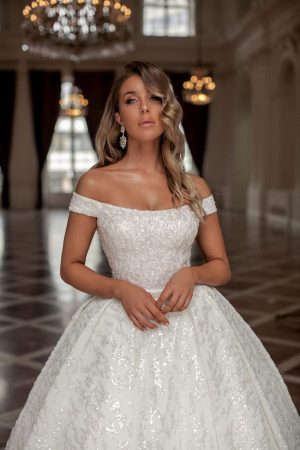 Elegant Designer Princess Long White Off-the-shoulder Glittering A-line Wedding Gown - Fashionpara