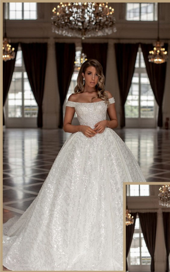 Elegant Designer Princess Long White Off-the-shoulder Glittering A-line Wedding Gown - Fashionpara