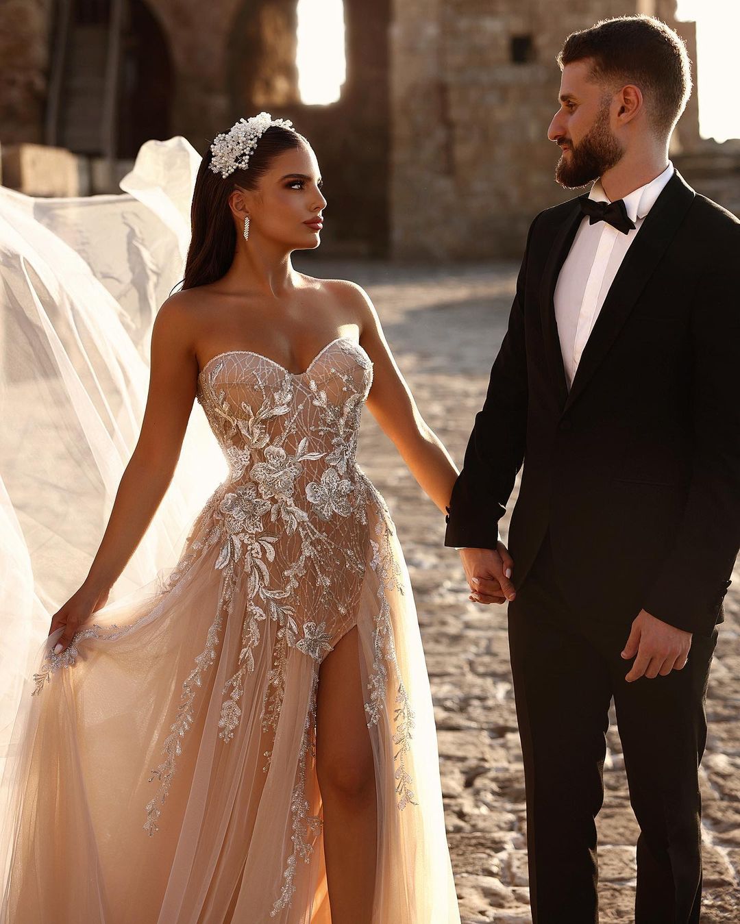 Designer Sweetheart Long A-line Glittering Lace Wedding Dress with High Slit - Fashionpara