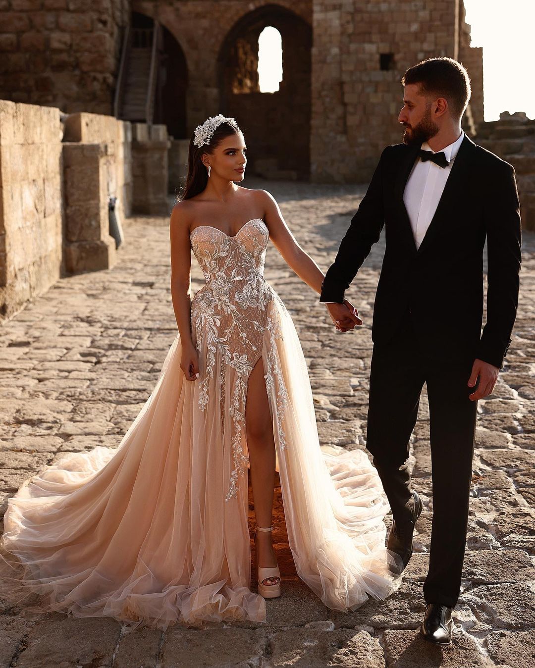 Designer Sweetheart Long A-line Glittering Lace Wedding Dress with High Slit - Fashionpara