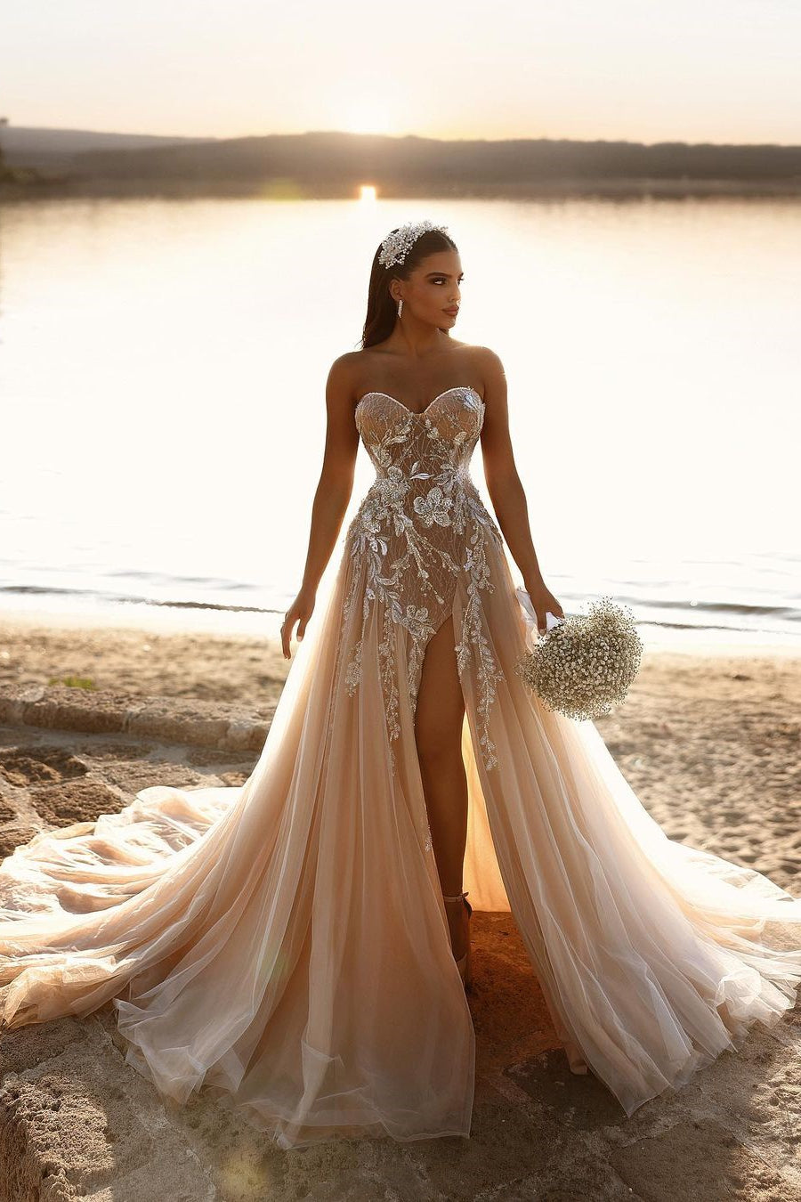 Designer Sweetheart Long A-line Glittering Lace Wedding Dress with High Slit - Fashionpara