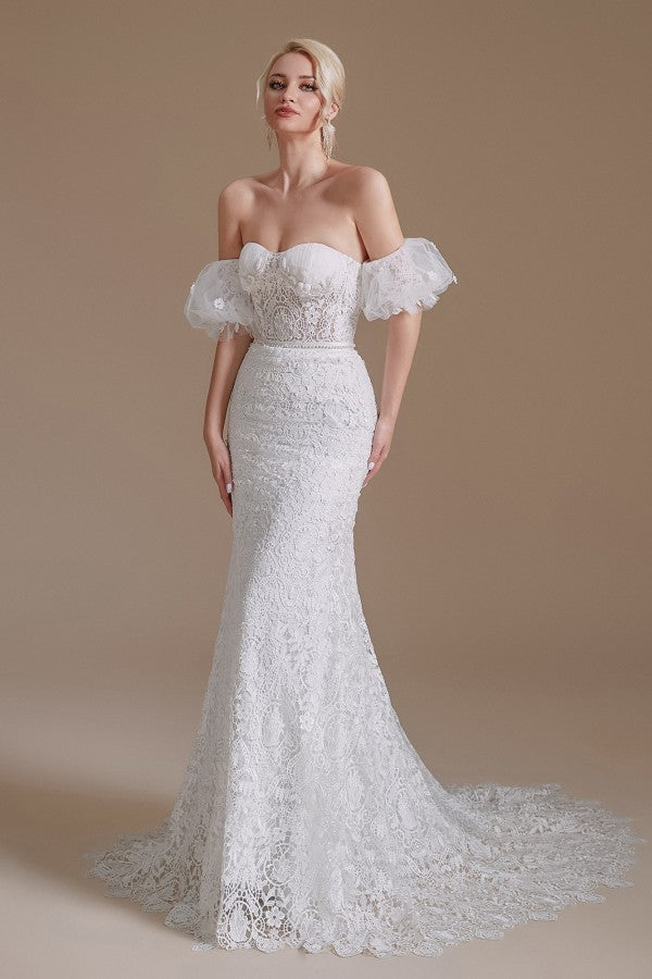 Detachable Bubble Sleeves Lace Wedding Dress Mermaid Long - Fashionpara