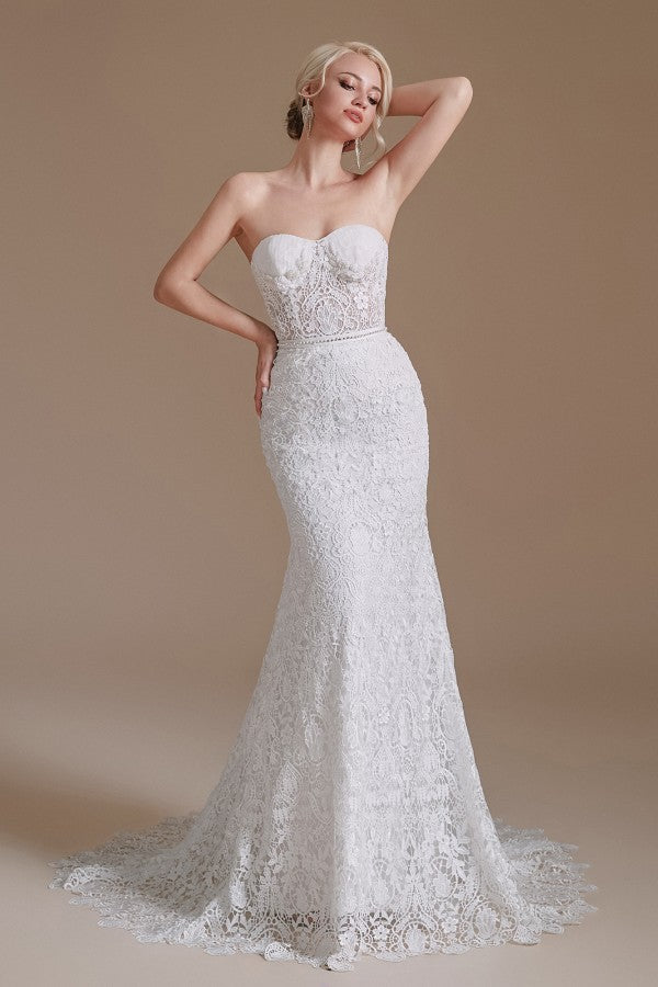 Detachable Bubble Sleeves Lace Wedding Dress Mermaid Long - Fashionpara