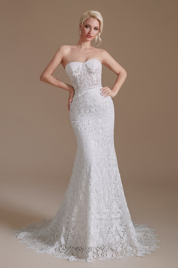 Detachable Bubble Sleeves Lace Wedding Dress Mermaid Long - Fashionpara