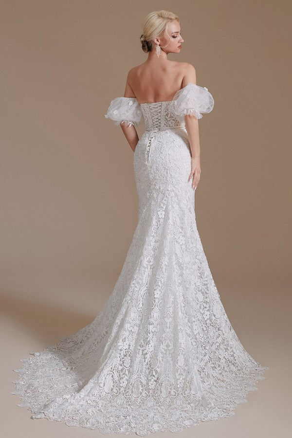 Detachable Bubble Sleeves Lace Wedding Dress Mermaid Long - Fashionpara