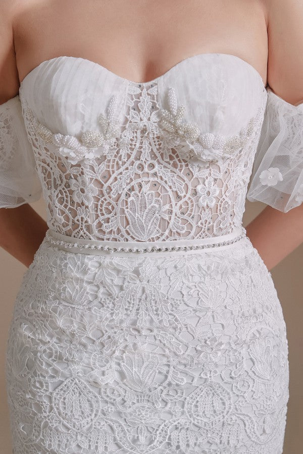 Detachable Bubble Sleeves Lace Wedding Dress Mermaid Long - Fashionpara