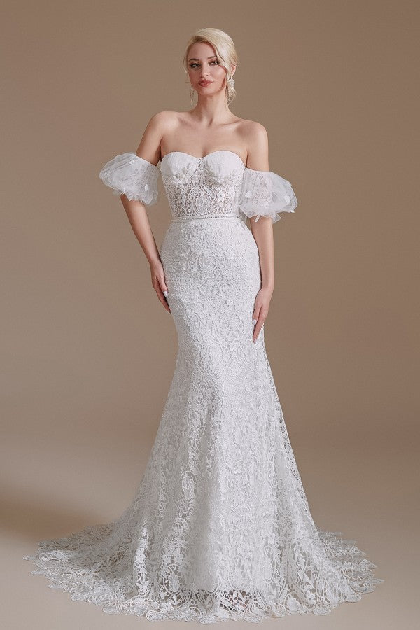Detachable Bubble Sleeves Lace Wedding Dress Mermaid Long - Fashionpara
