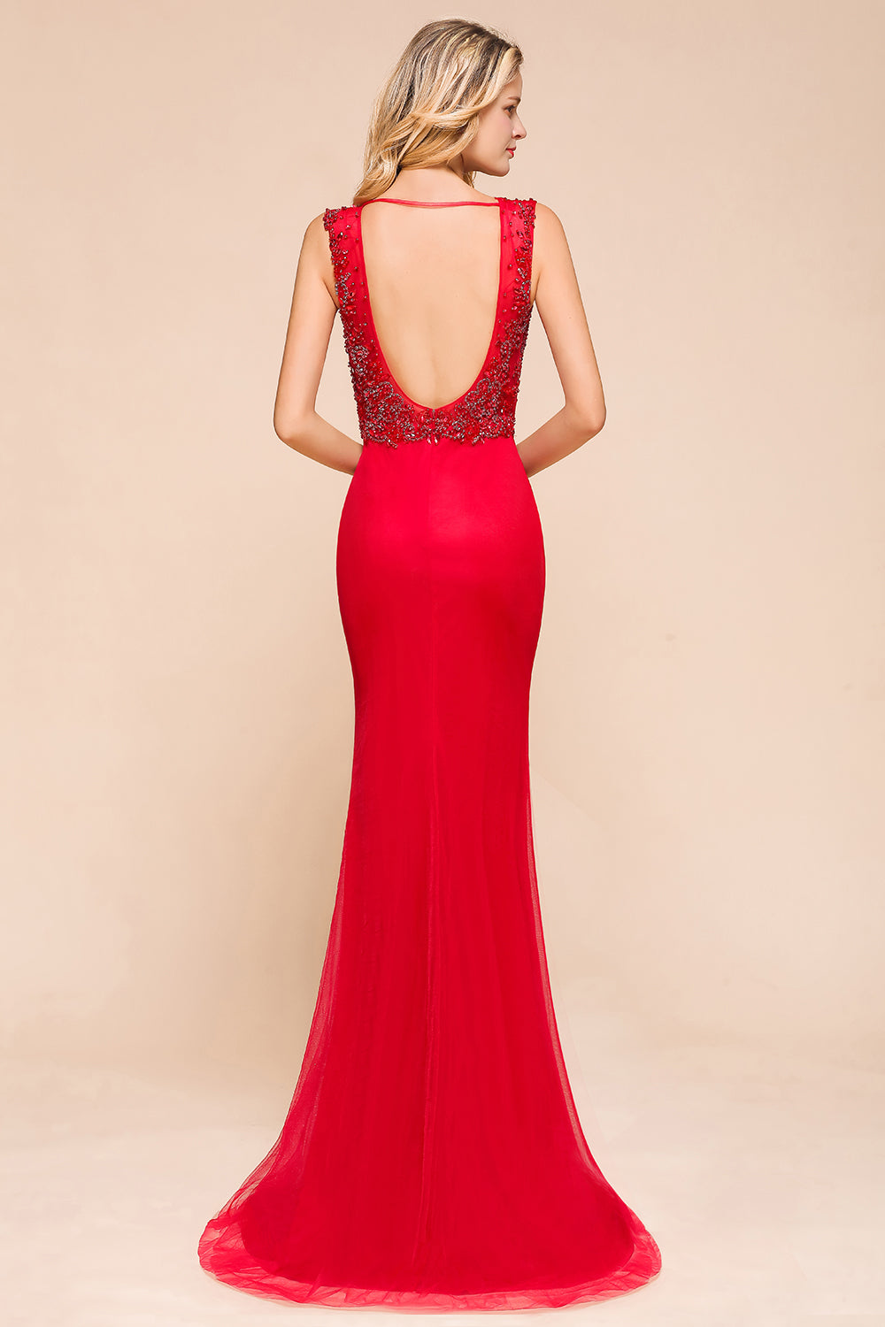 Detachable Red V-Neck Long Prom Dress Sleeveless Beadings Tulle Evening Gowns - Fashionpara