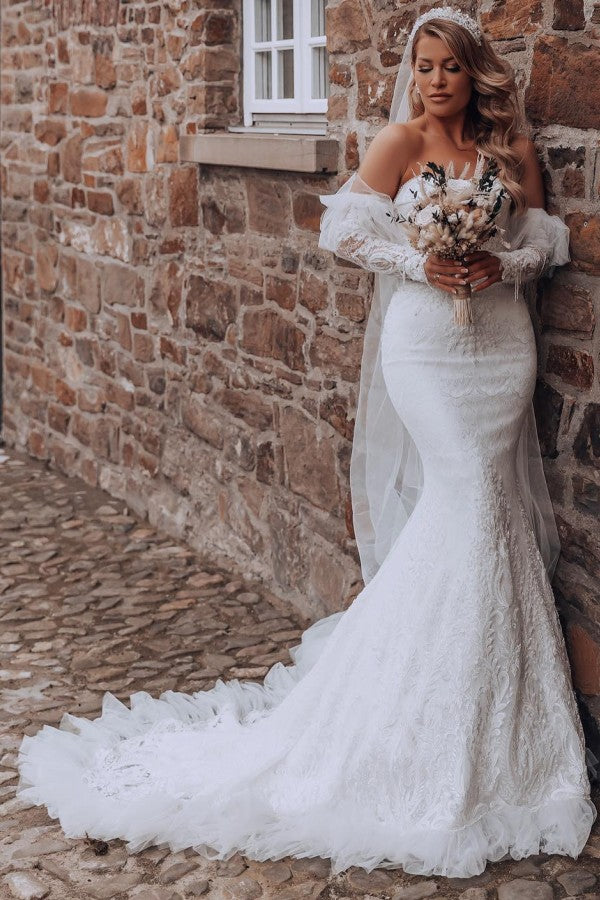 Detachable Sleeves Lace Wedding Dress Mermaid Overskirt - Fashionpara
